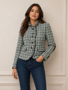Sz 2P Talbots Wool Blazer Windowpane Plaid Tweed Check Preppy Elbow Patch